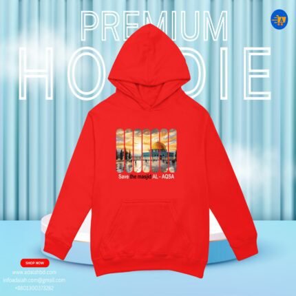 RED COLOR PREMIUM HOODIE WITH CUSTOM DESING. SAVE MASJID AL-AQSA